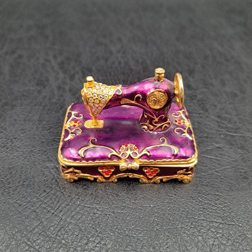 Vintage Style Purple Enamel Sewing Machine Trinket Box Gold Tone Crystal Accents
